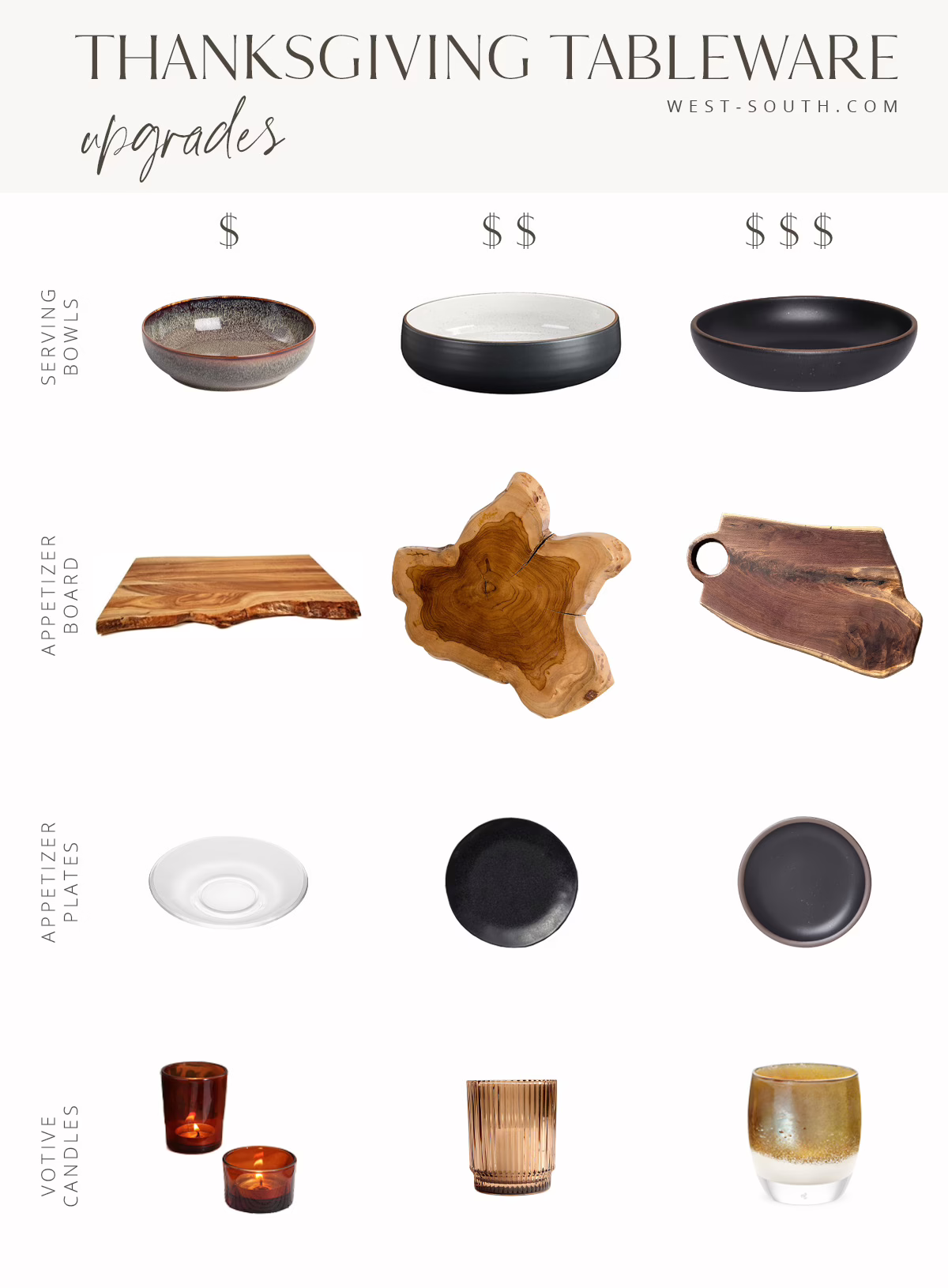grid image of thanksgiving table upgrades like serving bowls, appetizer boards appetizer plates and votive candles arranged by price point; the serving bowls and appetizer plates match the dinnerware from the last image, the boards are all live edge wood, and the votive candles are either amber or gold