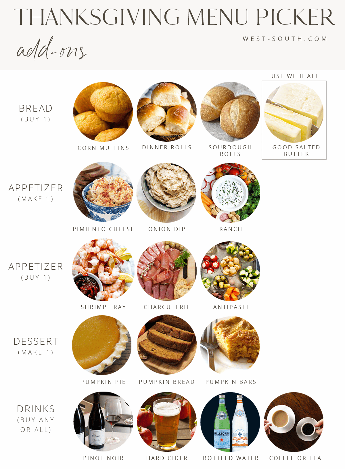 grid image of add-on thanksgiving menu items organized by categories, bread appetizers to make, appetizers to buy, dessert and drinks