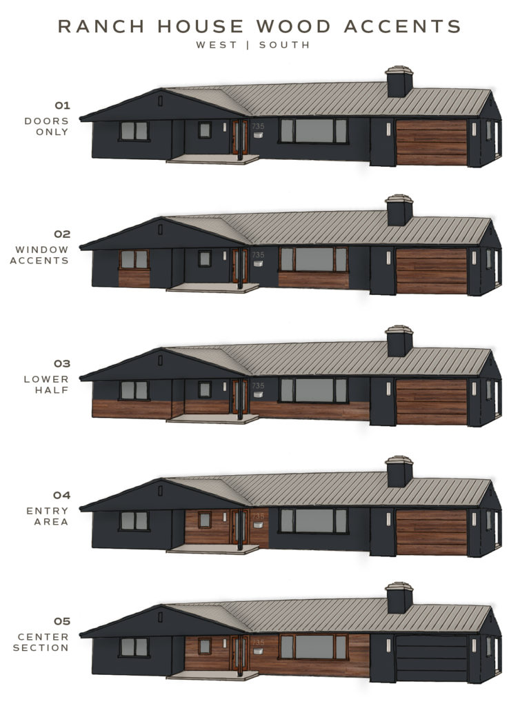 image showing wood siding placement ideas for a modern ranch house 