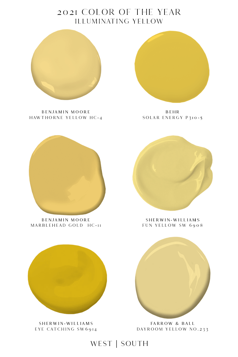 image showing paint samples of vibrant yellow paints benjamin moore hawthorne yellow, behr solar energy, benjamin morre marblehead gold, sherwin-williams fun yellow, sherwin-williams eye catching, and farrow and ball dayroom yellow