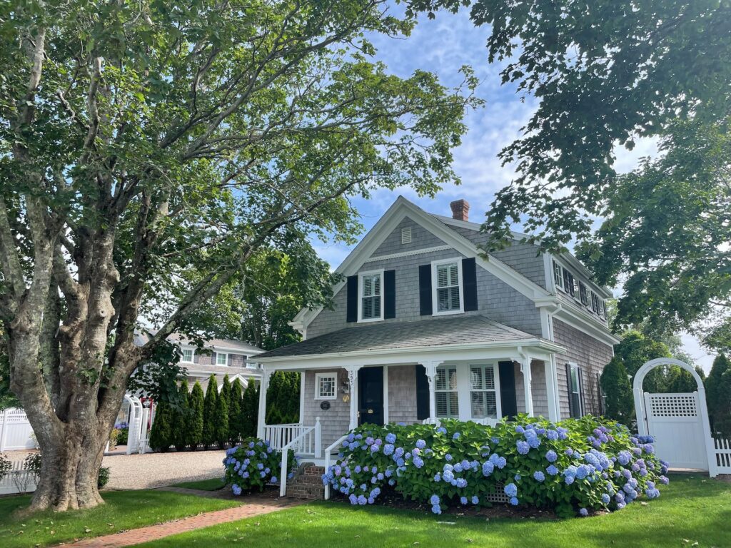 photo of a timeless exterior design in a grey shingle cottage style with lots of white trim, black shutters and front door, and abundant blue hydrangeas planted in front