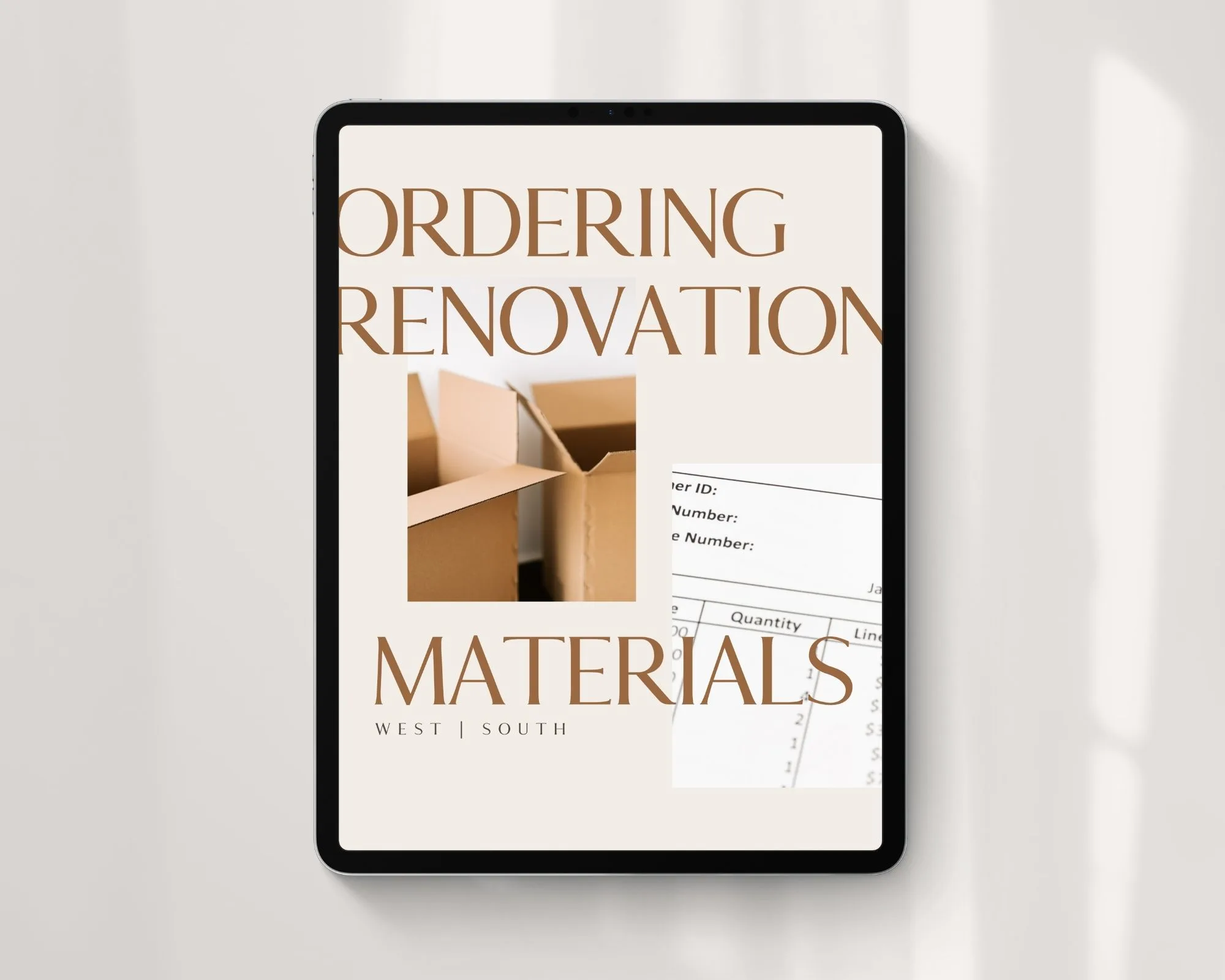 Ordering Renovation Materials Digital PDF Download Cover on an ipad floating over a wall with shadows on it