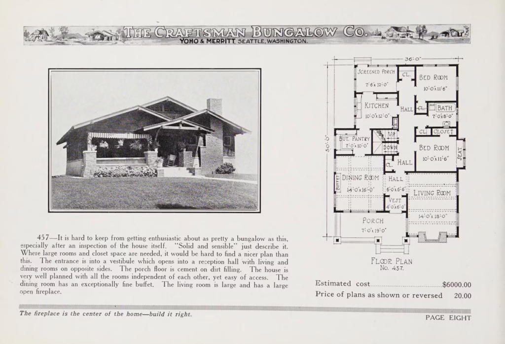 A page from 'Craftsman Bungalows' by Yoho & Merritt in Seattle, Washington showing a photo and floor plan of style 457, printed in black ink on aged white paper. 