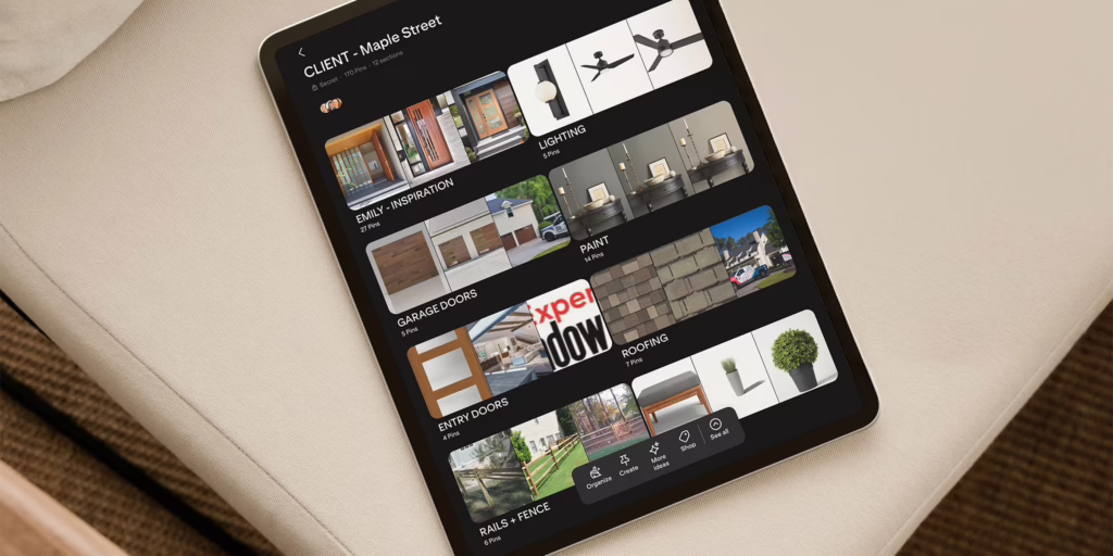 an ipad with lots of exterior design ideas on it, sitting on a mid century sofa