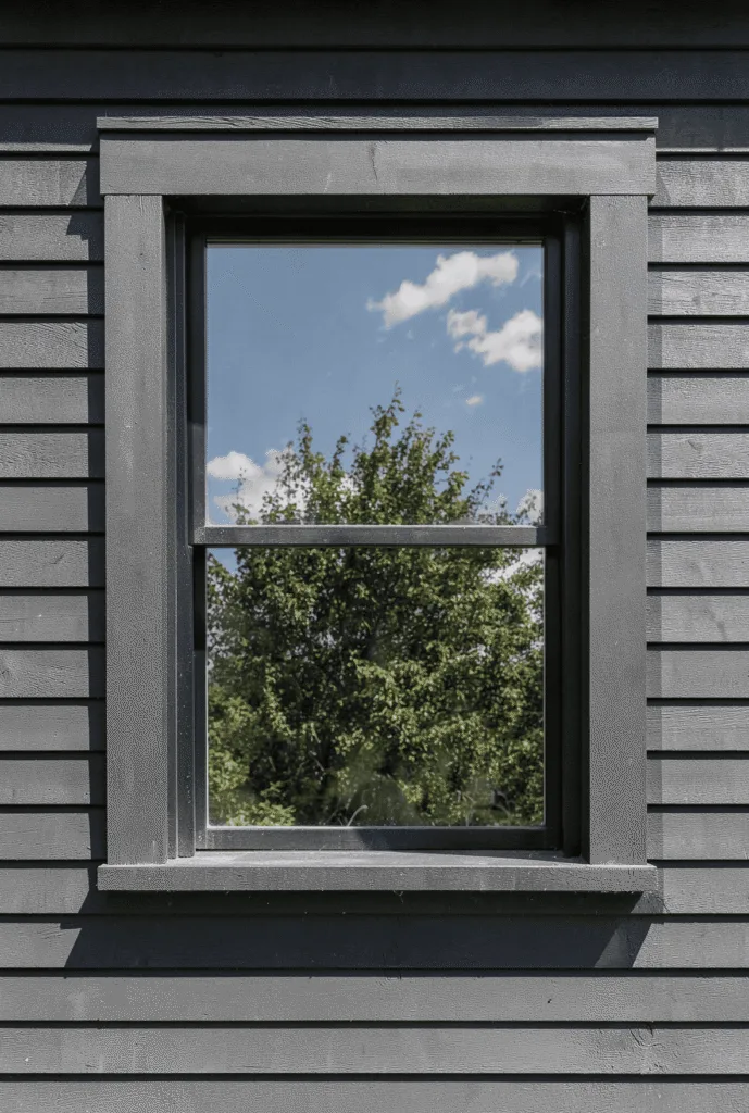 a window in a dark-sided home in summertime