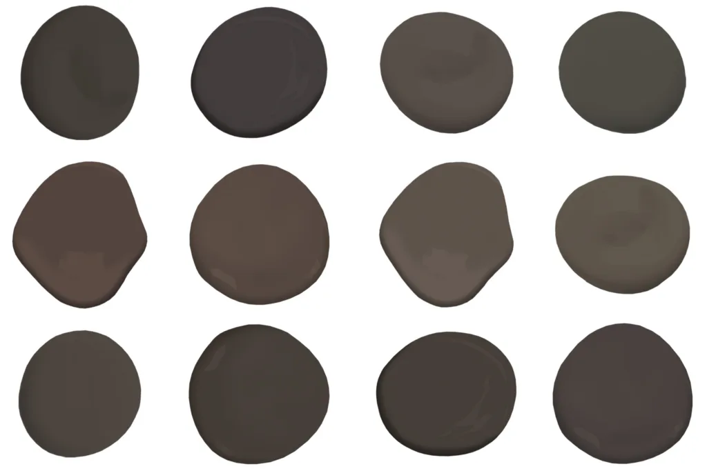 a grid of paint drops for exterior dark brown paint colors