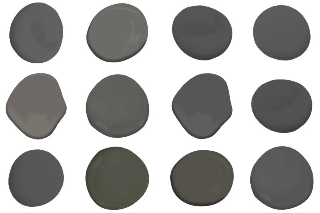 a grid of paint drops for exterior dark charcoal gray paint colors