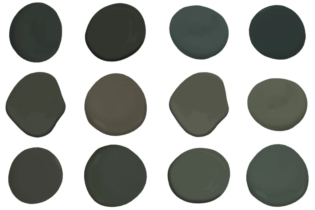 a grid of paint drops for exterior dark green paint colors