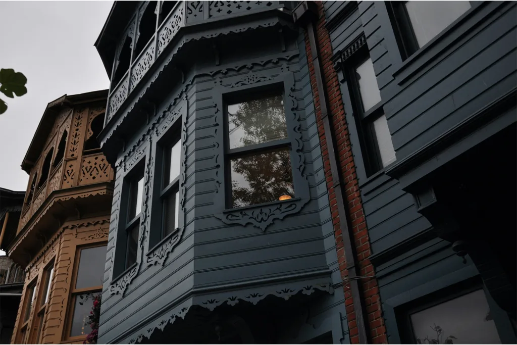 Victorian-style row houses painted a single dark color