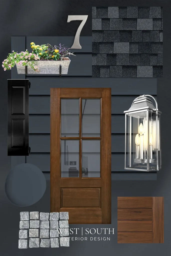 an exterior design moodboard for a dark blue paint color with black and wood accents and a black roof shingle