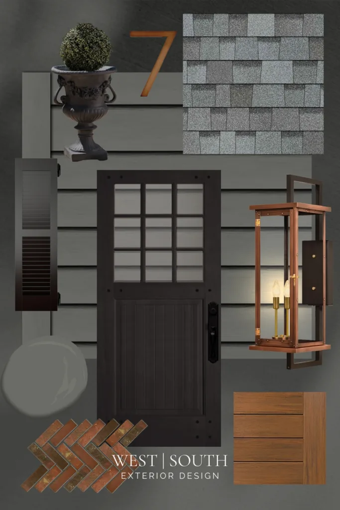 an exterior design moodboard for a dark charcoal paint color with black and copper accents and a grey roof shingle
